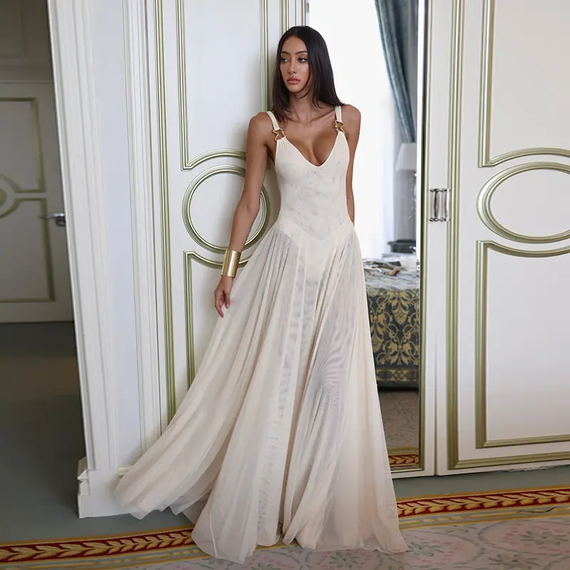 NIDANSSI White Mesh Pleated Evening Club Party Dress Women Robes Backless Elegant Sexy Dress Bodycon Long Summer Dress Vestidos