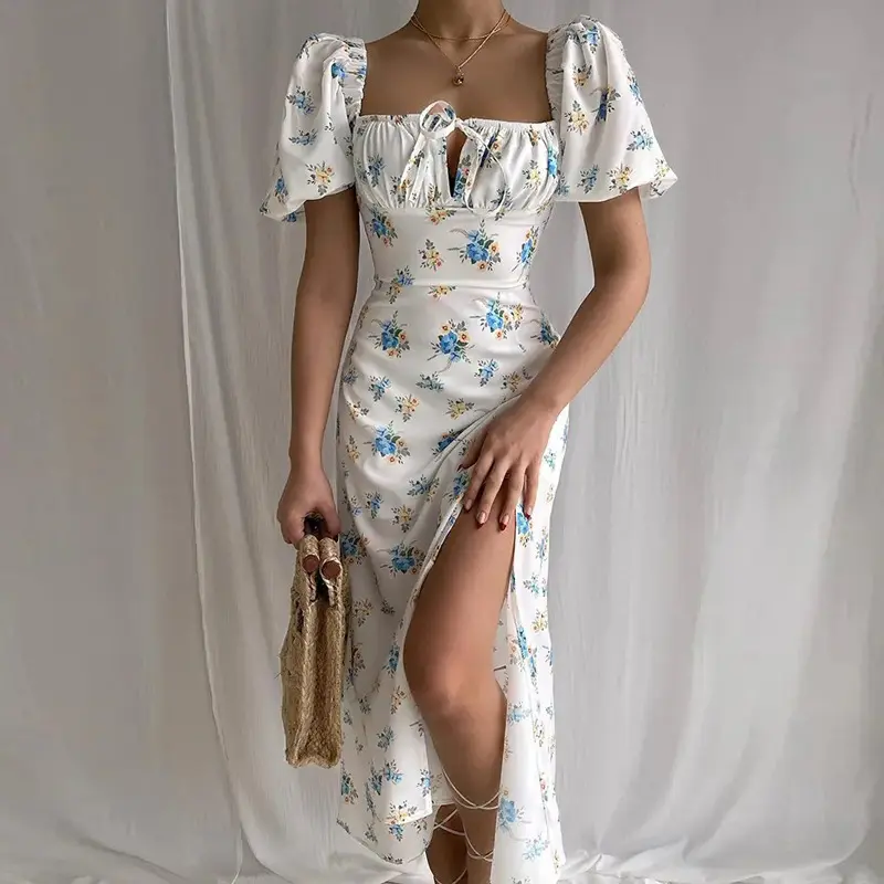 Women's Long Dresses Spring Summer 2025 Elegant Sexy Square Neck Lace Up Floral Dress Robe Longue Femme Vestidos Dama Платье Y2k