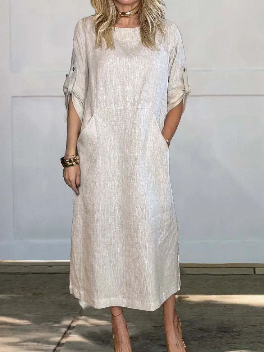 2025 Spring Cotton Linen Women Dress Long Black O-neck Short Sleeve Pockets Loose Dresses Female Casual Trendy Ladies Clothes