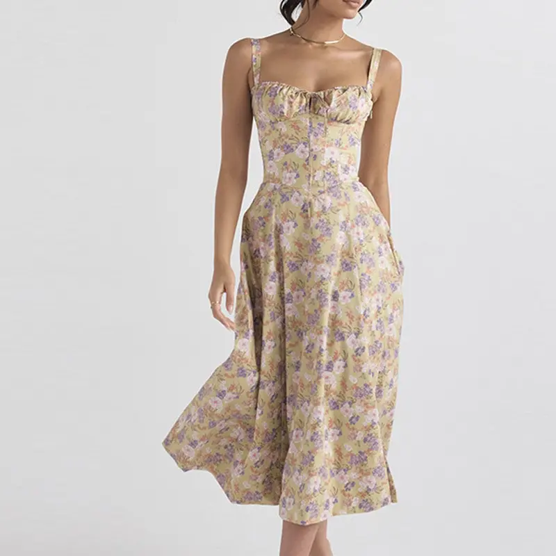 Women's Long Dresses Spring Summer 2025 Elegant Sexy Square Neck Lace Up Floral Dress Robe Longue Femme Vestidos Dama Платье Y2k