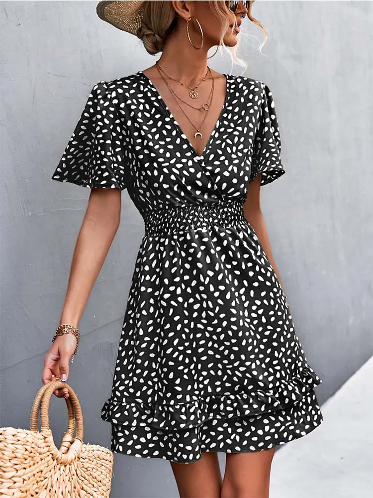 Women's Sexy V-Neck Mini Dress Floral Print Slim Fit Short Elegant Dress with Lotus Leaf Sleeves Fashionable Female Attire