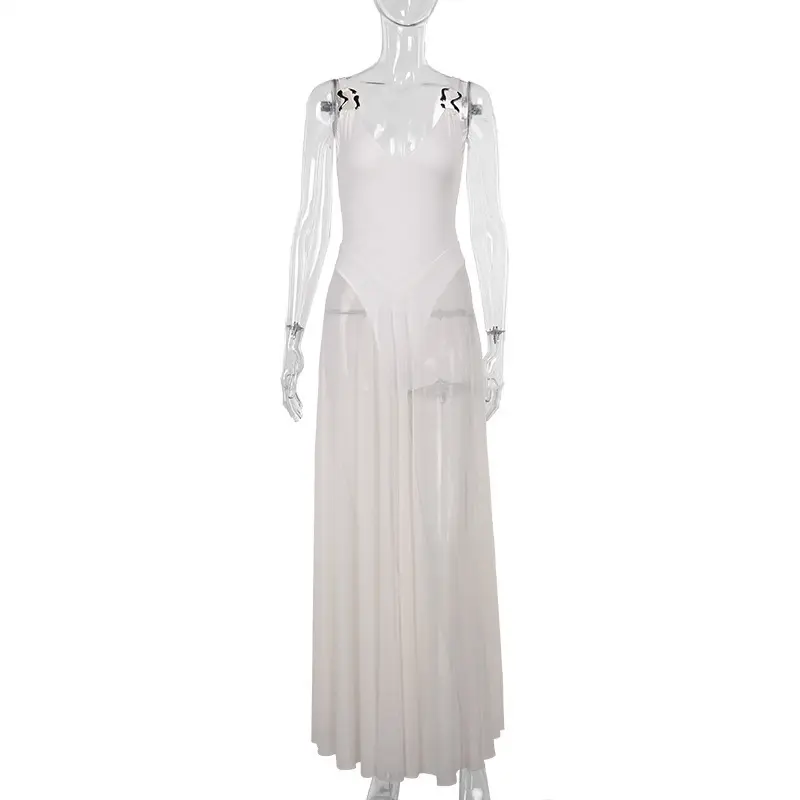 NIDANSSI White Mesh Pleated Evening Club Party Dress Women Robes Backless Elegant Sexy Dress Bodycon Long Summer Dress Vestidos