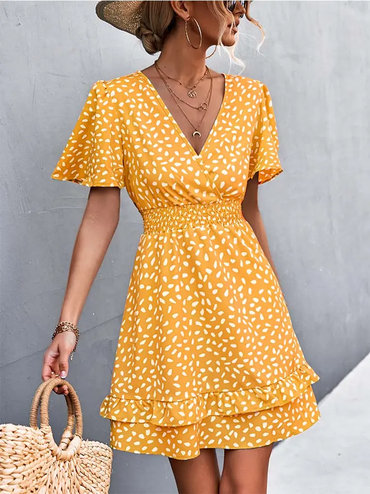 Women's Sexy V-Neck Mini Dress Floral Print Slim Fit Short Elegant Dress with Lotus Leaf Sleeves Fashionable Female Attire