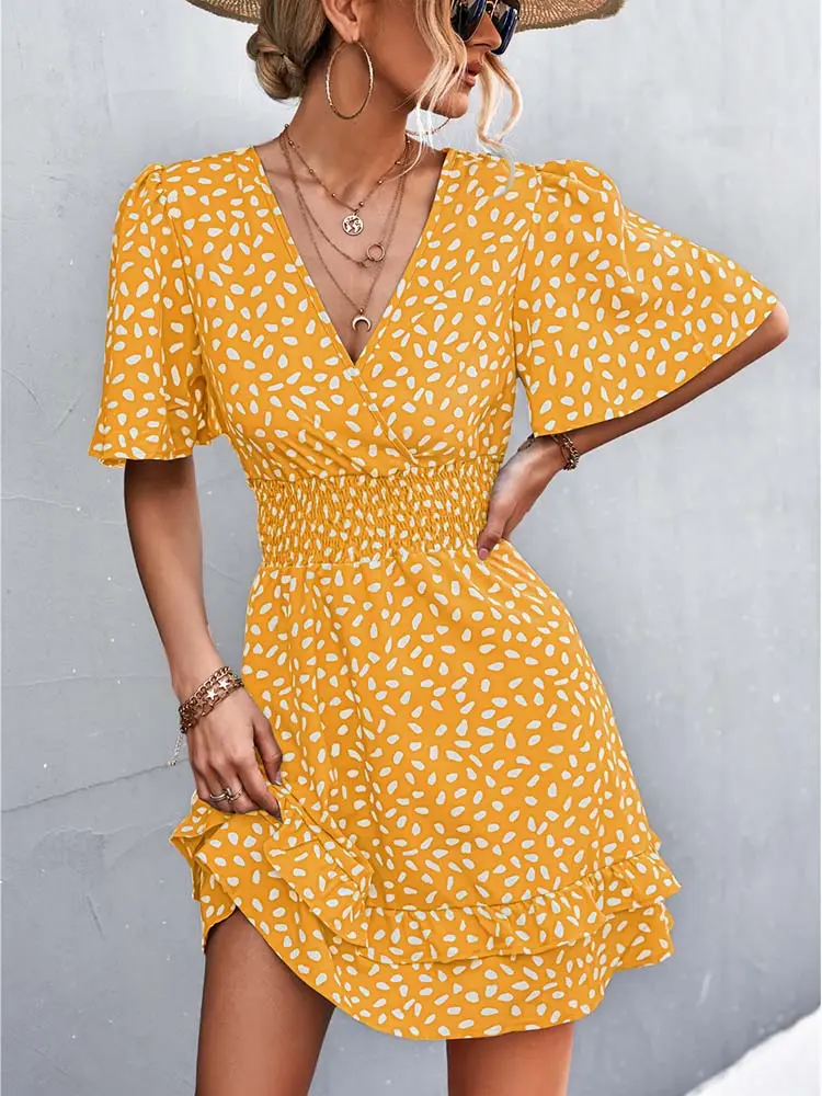 Women's Sexy V-Neck Mini Dress Floral Print Slim Fit Short Elegant Dress with Lotus Leaf Sleeves Fashionable Female Attire