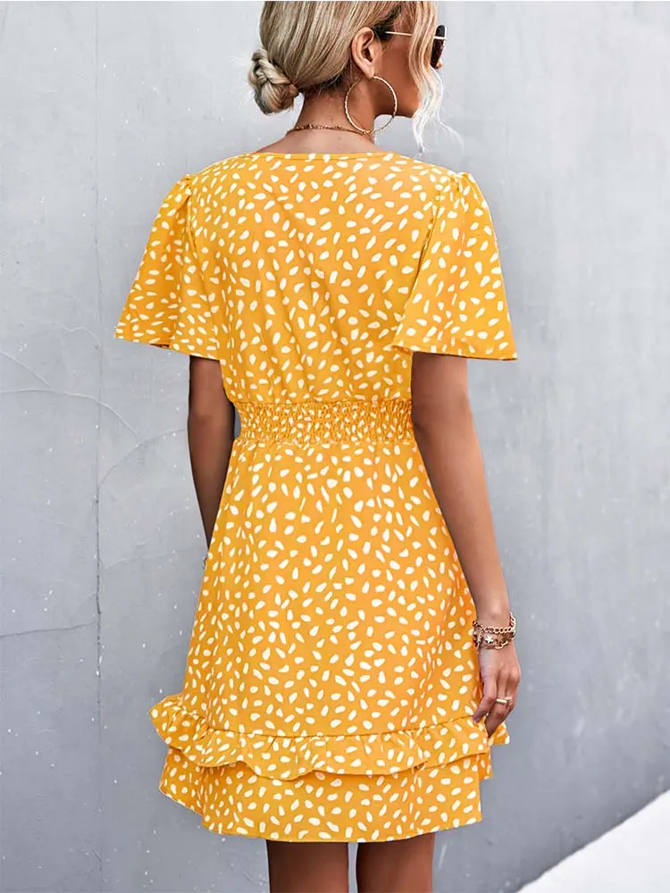 Women's Sexy V-Neck Mini Dress Floral Print Slim Fit Short Elegant Dress with Lotus Leaf Sleeves Fashionable Female Attire