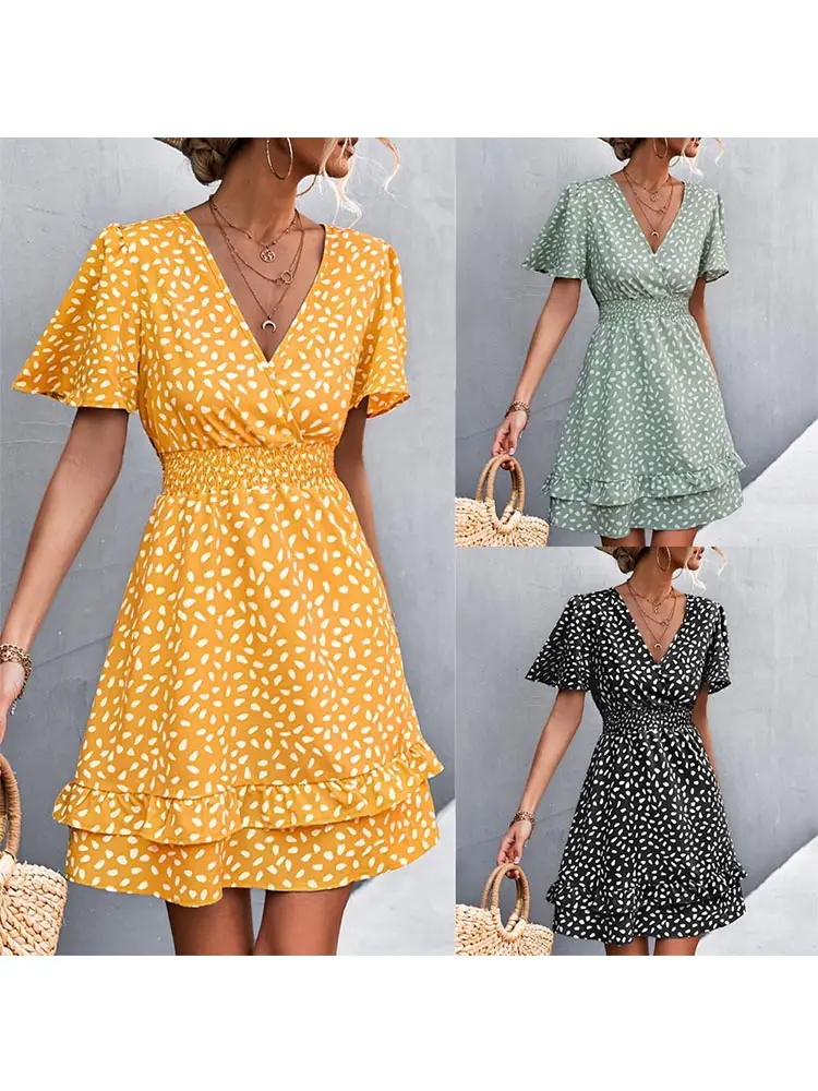 Women's Sexy V-Neck Mini Dress Floral Print Slim Fit Short Elegant Dress with Lotus Leaf Sleeves Fashionable Female Attire