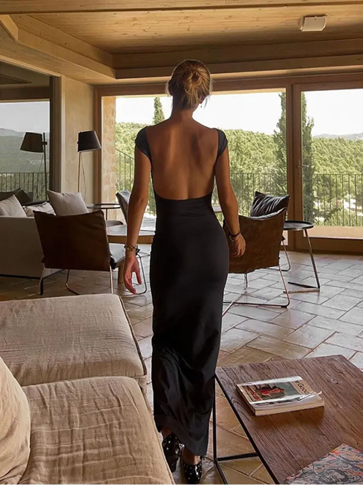 Solid Sexy Backless Maxi Dress Women Elegant Elastic Slim Short Sleeve Long dresses Female Bodycon Streetwear Clothing