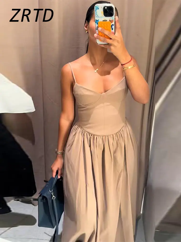 Sexy Sling Long Dress Women Pleat V-neck Backless Sleeveless A-line Female Holiday Dresses 2025 Summer Lady Solid Casual Robes