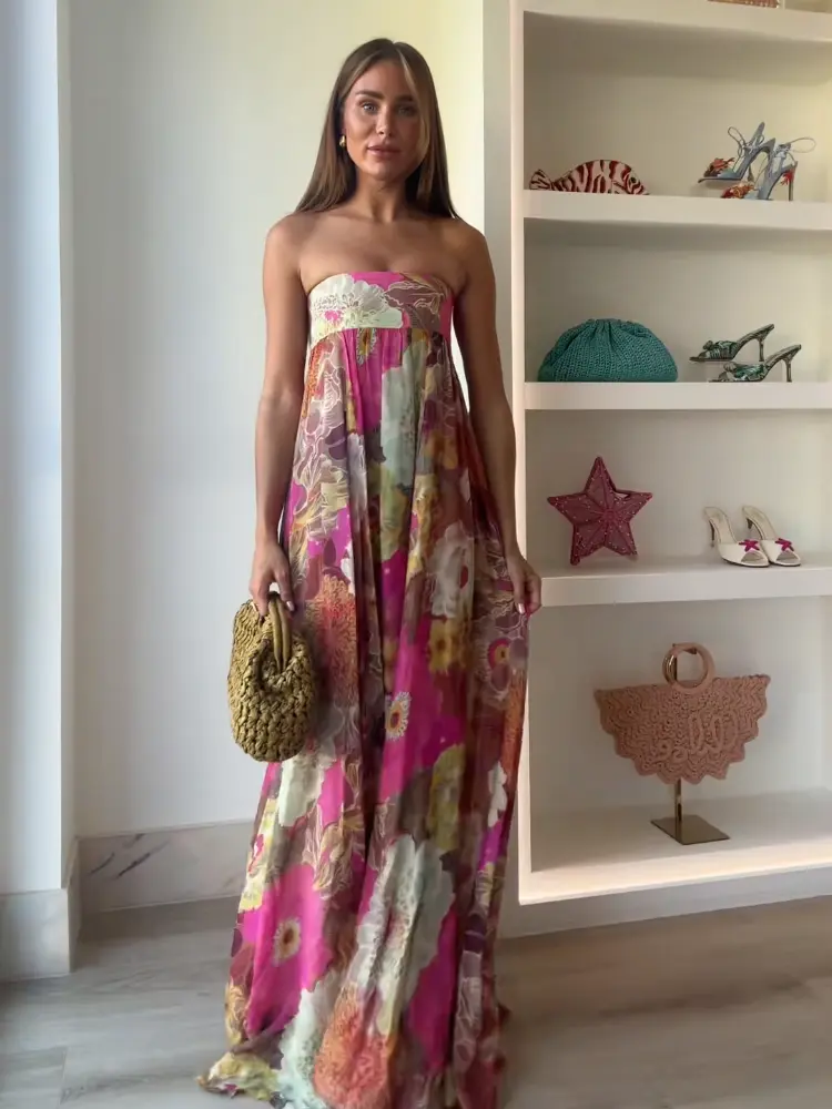Women Fashion Flower Print Pleated Long Dress Sexy Backless Sleeveless Strapless Loose Vestidos 2025 Summer New Party Dresses