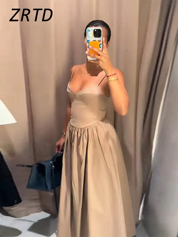 Sexy Sling Long Dress Women Pleat V-neck Backless Sleeveless A-line Female Holiday Dresses 2025 Summer Lady Solid Casual Robes
