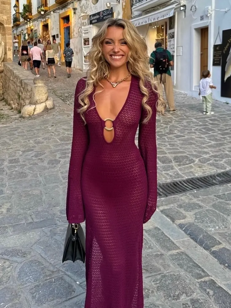 Sexy Metal Ring Splicing Women's V-neck Split Crochet Dress Chic Flared Sleeve Slim Hollow Out Robes Lady Beach Vacation Vestido