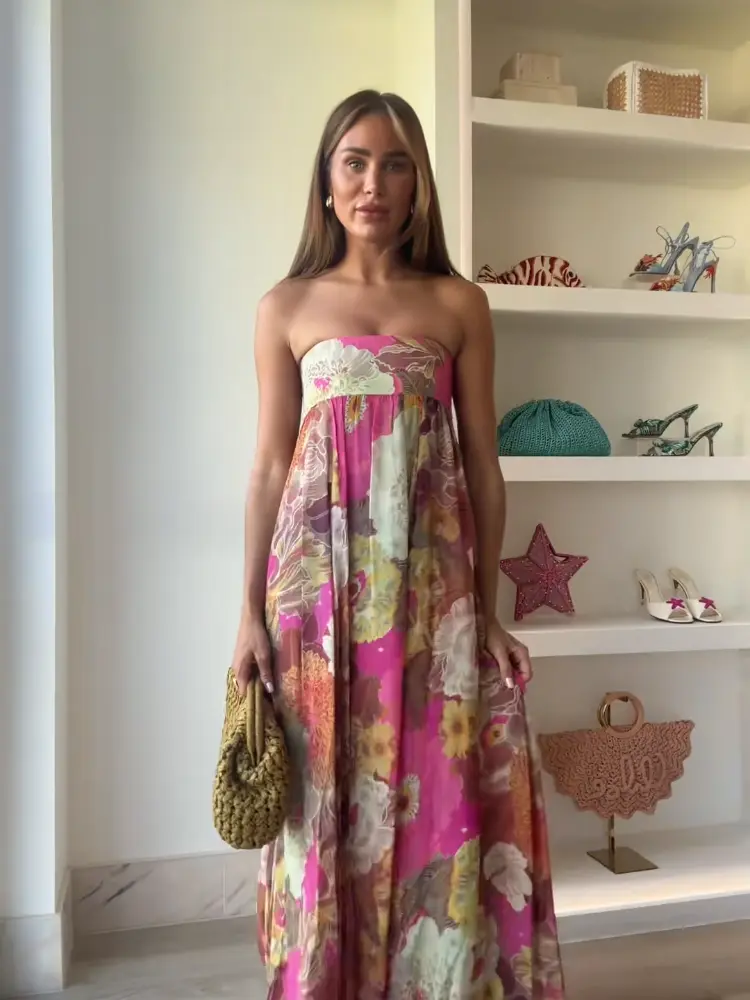 Women Fashion Flower Print Pleated Long Dress Sexy Backless Sleeveless Strapless Loose Vestidos 2025 Summer New Party Dresses