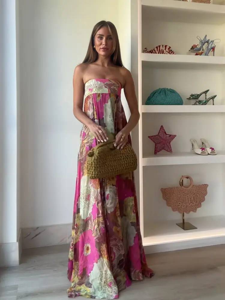 Women Fashion Flower Print Pleated Long Dress Sexy Backless Sleeveless Strapless Loose Vestidos 2025 Summer New Party Dresses