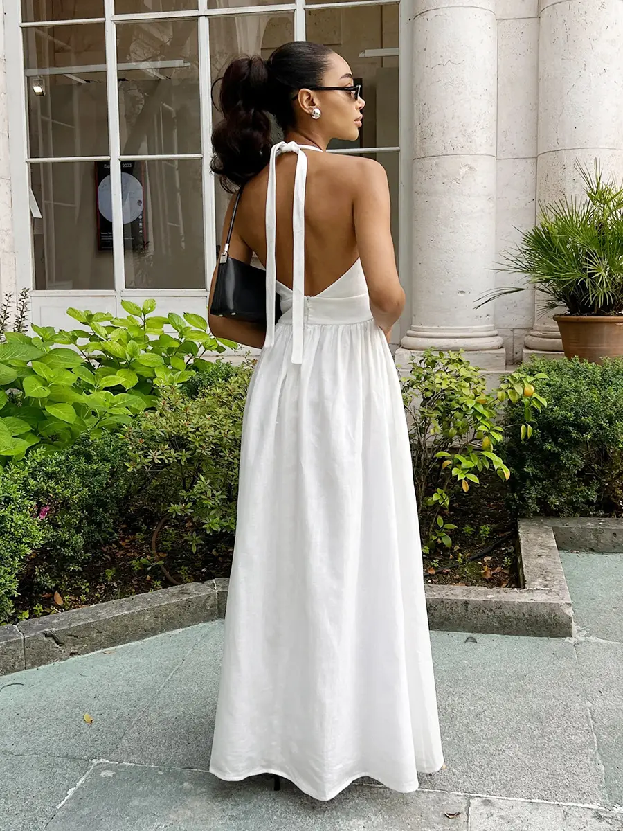 Bornladies Spring Summer New Women's Cotton Camisole Dress Female Waist Cinched V-neck Long Dress Fashionable Oversized Dress