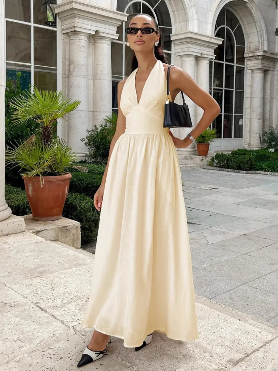 Bornladies Spring Summer New Women's Cotton Camisole Dress Female Waist Cinched V-neck Long Dress Fashionable Oversized Dress