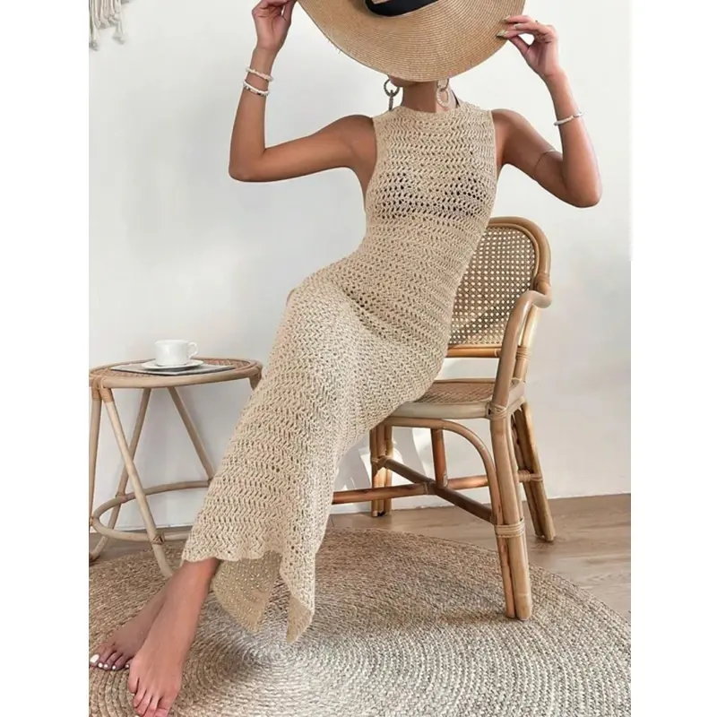 Summer Women's Casual Beach Style Sleeveless Hollow out Bikini Cover-up Female Sexy O-Neck Knit Hollow out Long Dress
