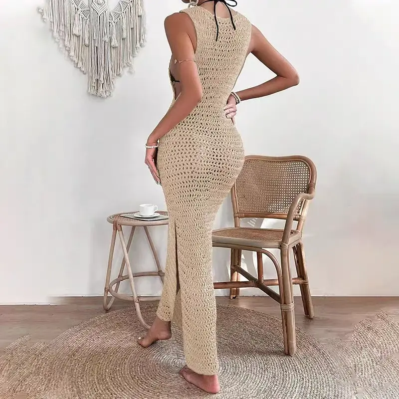 Summer Women's Casual Beach Style Sleeveless Hollow out Bikini Cover-up Female Sexy O-Neck Knit Hollow out Long Dress