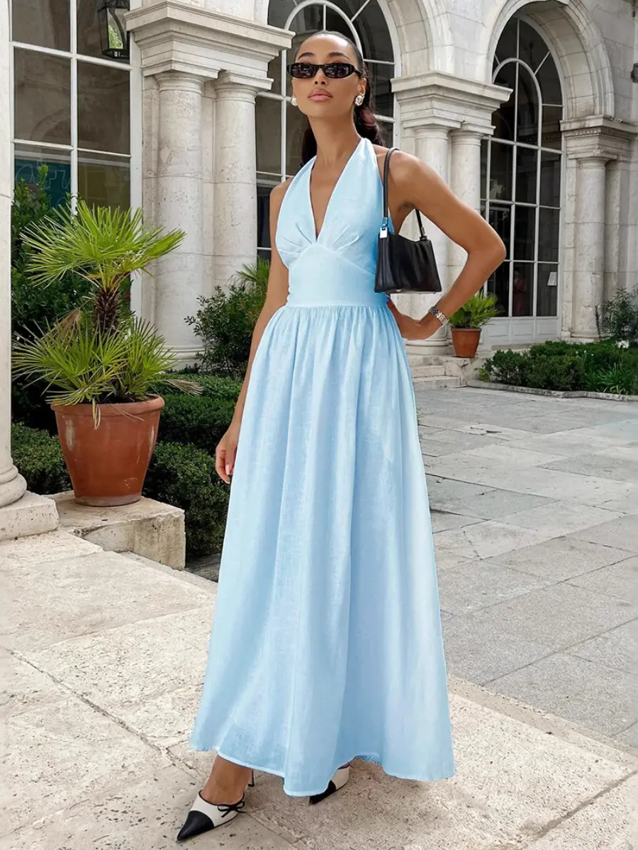 Bornladies Spring Summer New Women's Cotton Camisole Dress Female Waist Cinched V-neck Long Dress Fashionable Oversized Dress