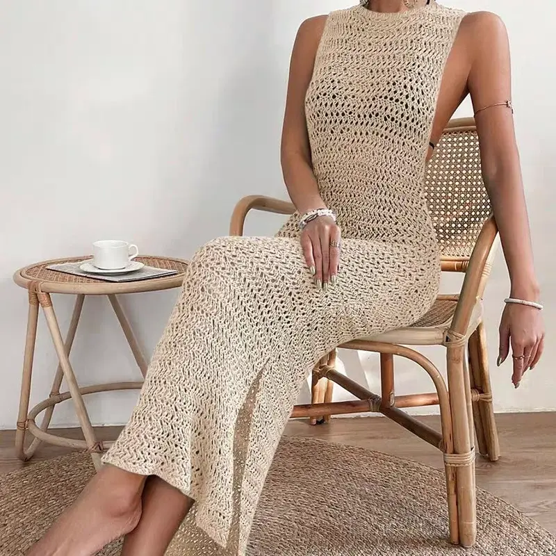 Summer Women's Casual Beach Style Sleeveless Hollow out Bikini Cover-up Female Sexy O-Neck Knit Hollow out Long Dress