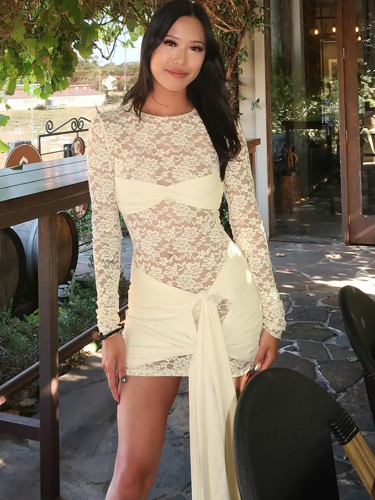 JULISSA MO Patchwork Sexy Sheer Lace Bandage Women Dress Black Long Sleeve Round Neck Dress Summer Skinny Elegant Party Clubwear