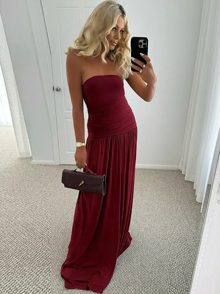 Mozision Off-shoulder Strapless Pleated Sexy Maxi Dress Women Fashion Backless Sleeveless High Waist Ruched Long Dress Elegant