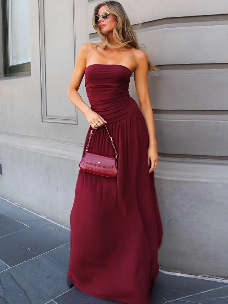 Mozision Off-shoulder Strapless Pleated Sexy Maxi Dress Women Fashion Backless Sleeveless High Waist Ruched Long Dress Elegant
