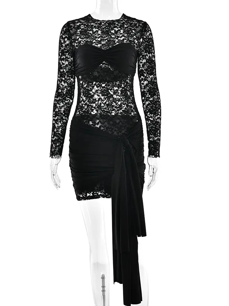 JULISSA MO Patchwork Sexy Sheer Lace Bandage Women Dress Black Long Sleeve Round Neck Dress Summer Skinny Elegant Party Clubwear