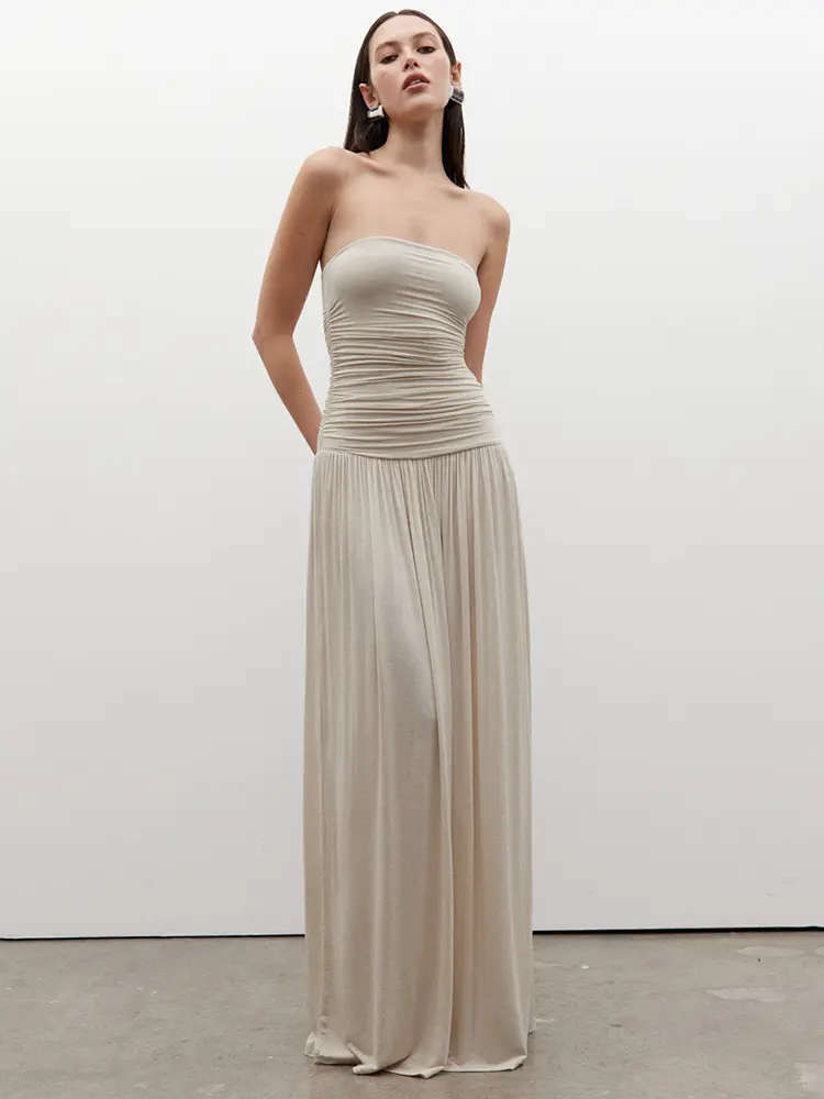 Mozision Off-shoulder Strapless Pleated Sexy Maxi Dress Women Fashion Backless Sleeveless High Waist Ruched Long Dress Elegant
