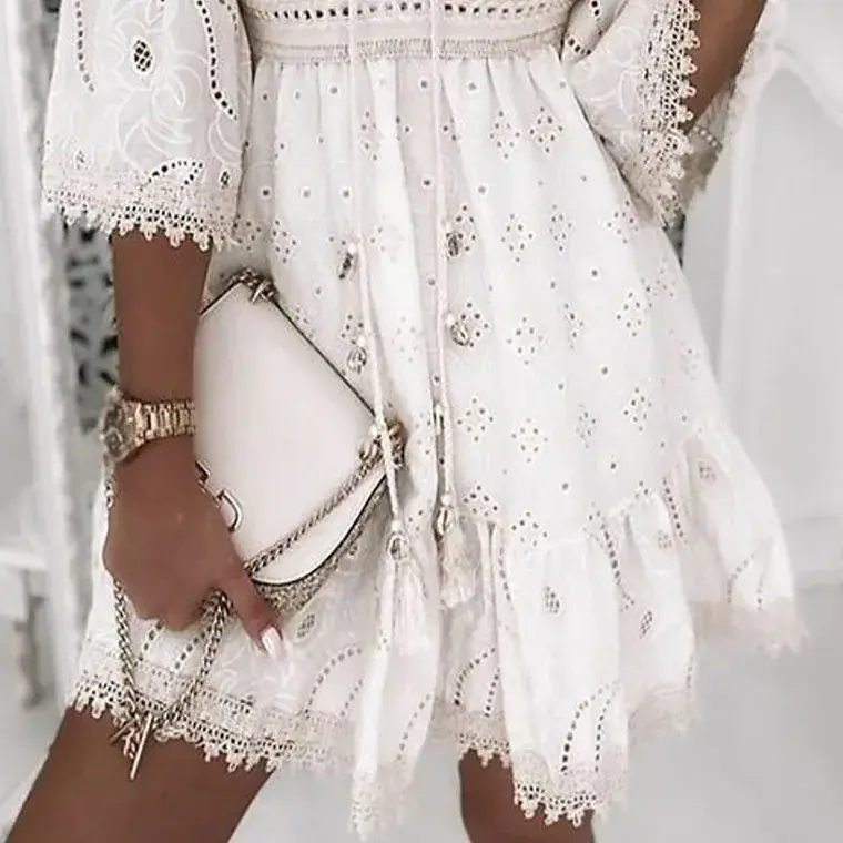 Hollow Out Summer Dress for Women Female V Neck Long Sleeve White Dresses Loose Solid Casual Women Beach Holiday Dress Vestidos