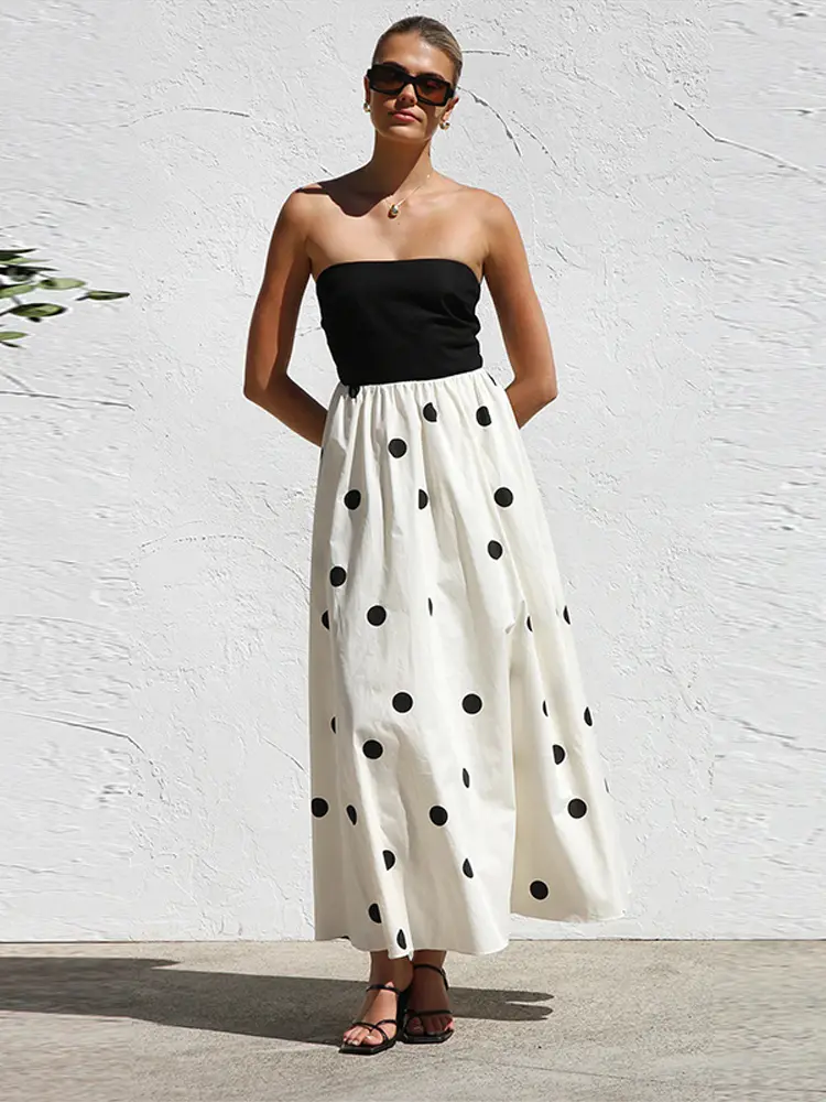 Sexy Patchwork Polka Dot Women's Long Dress Off Shoulder Waist Cinching Sleeveless Long Dressess Lady 2025 Summer Beach Vestidos
