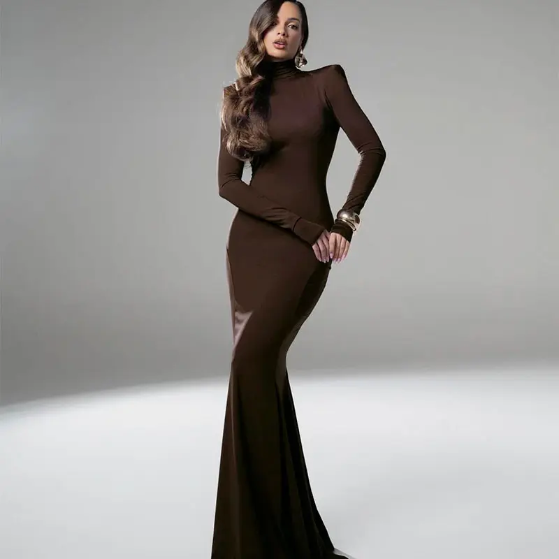 Long Sleeves Women's Dress Elegant Party Autumn Winter Sexy Backless Dress Streetwear Fashion Casual Slim Turtleneck Brown Dress