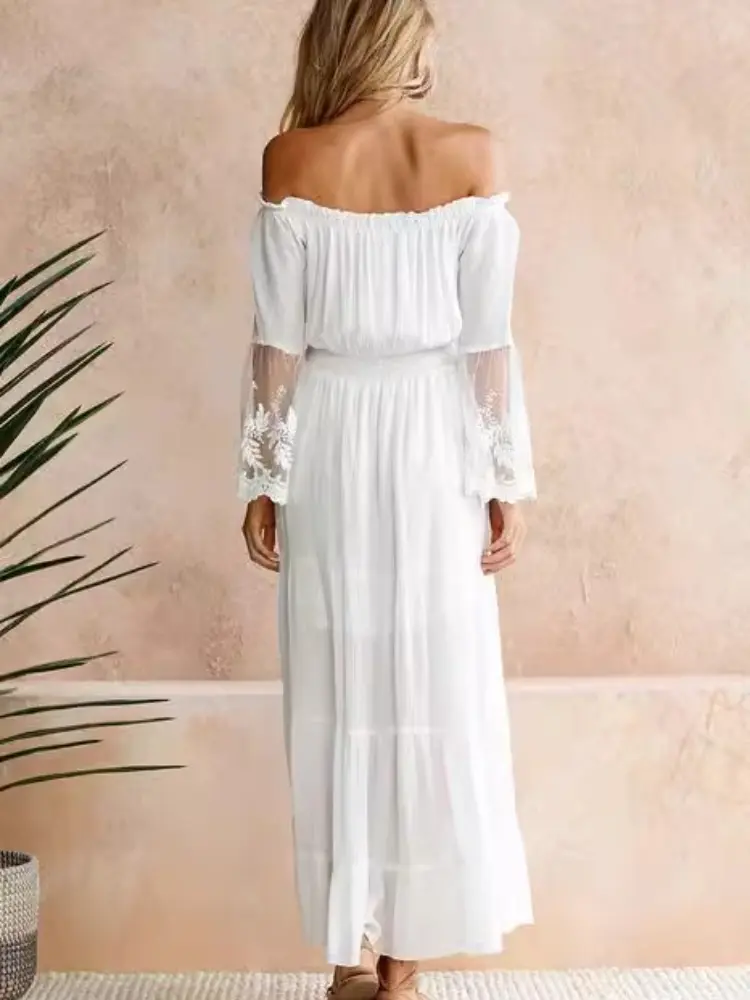 2025 Summer Fashion New Women's Bohemian Sexy Strapless Dress Lace Style Splicing Folded Vacation Beach A-line Long Dress