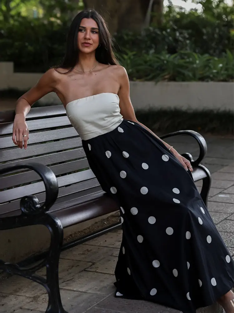Sexy Patchwork Polka Dot Women's Long Dress Off Shoulder Waist Cinching Sleeveless Long Dressess Lady 2025 Summer Beach Vestidos