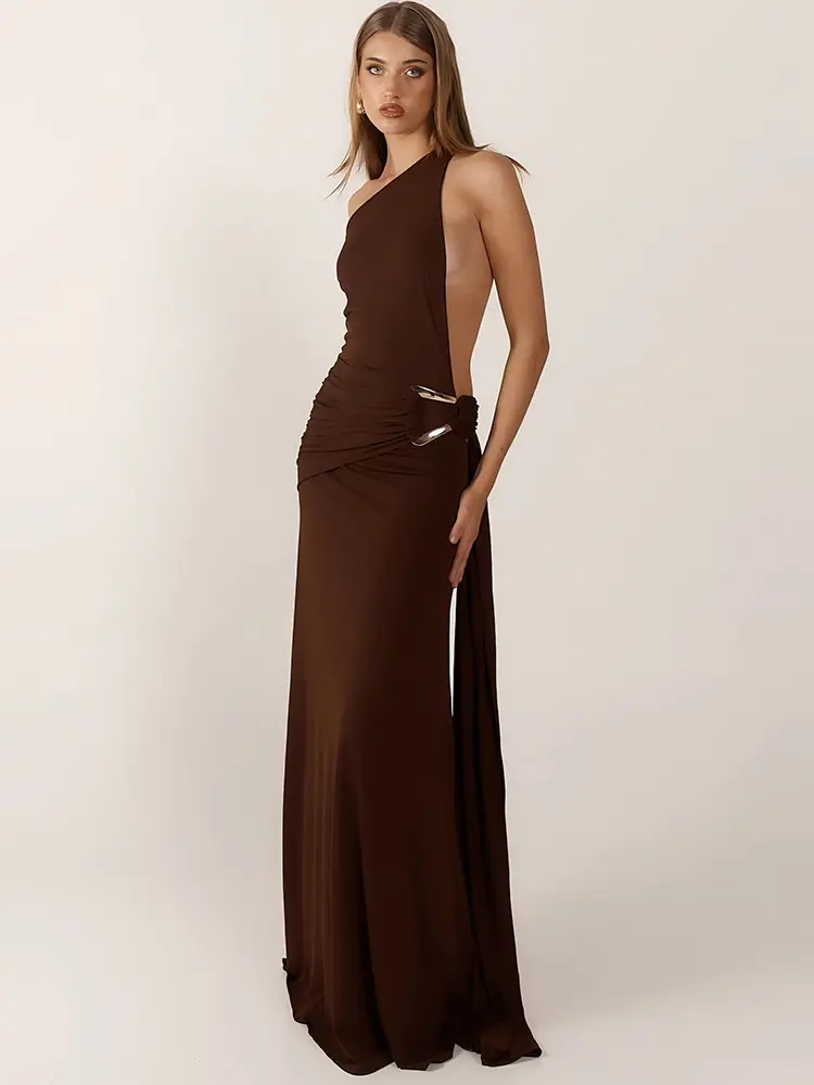 Sibybo Oblique Shoulder Sleeveless Ruched Maxi Dress For Women Gown Elegant Metal Rings Backless Bodycon Long Dresses Vestidos
