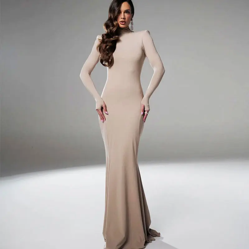 Long Sleeves Women's Dress Elegant Party Autumn Winter Sexy Backless Dress Streetwear Fashion Casual Slim Turtleneck Brown Dress