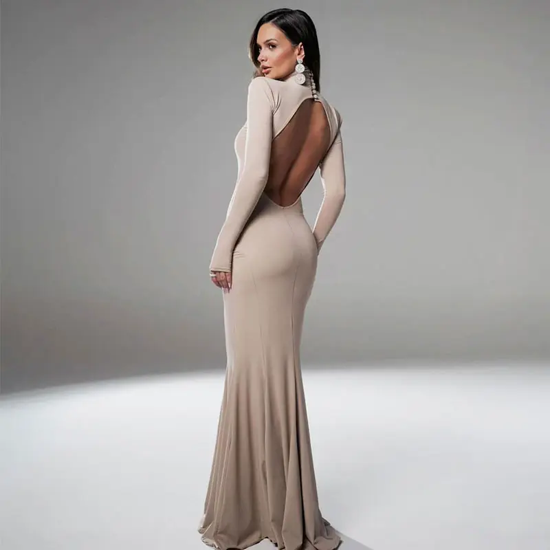 Long Sleeves Women's Dress Elegant Party Autumn Winter Sexy Backless Dress Streetwear Fashion Casual Slim Turtleneck Brown Dress