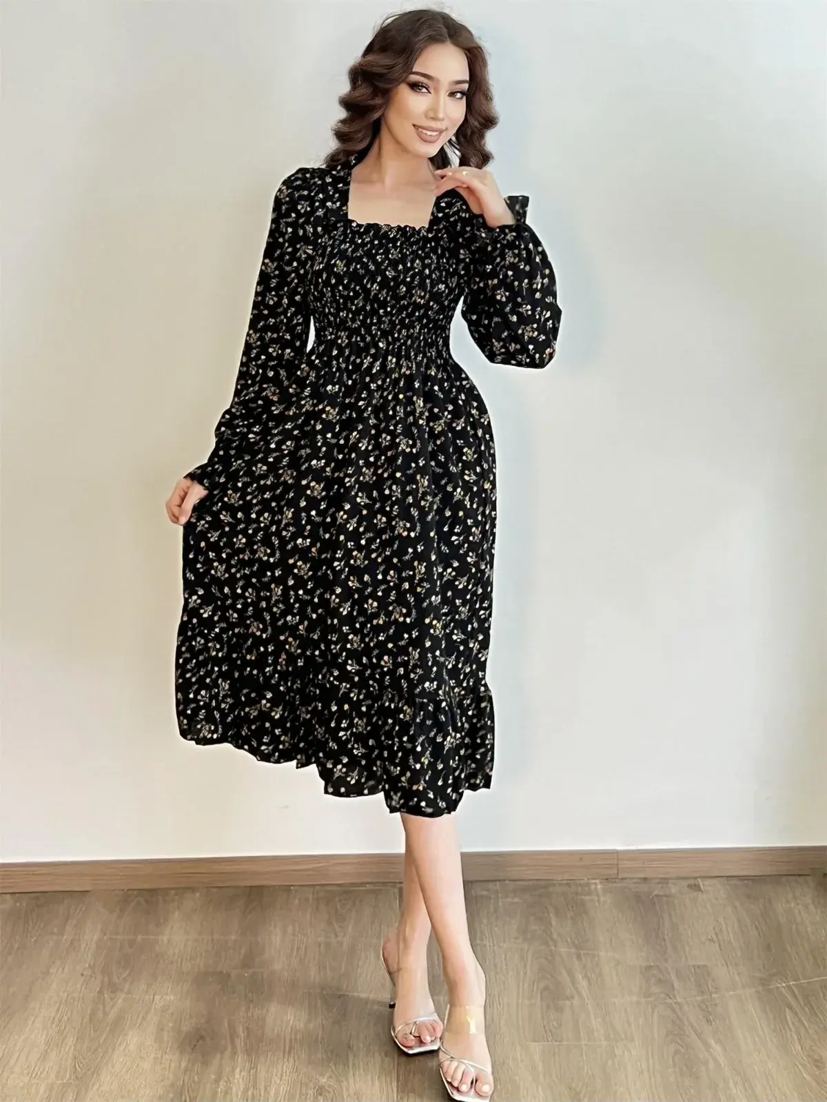 Long Sleeve Casual Dress Women Chiffon Dresses Autumn Spring A-line Printed Floral Elastic Chest Lace Up Midi Dresses Vestidos