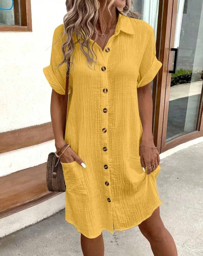 Women's Fashion Summer Minimalist V-neck Button Up Dress Woman Cotton Linen White Short Sleeved Pocket Casual Loose Shirt Dress