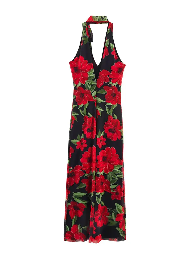 TFMLN New Women's Floral Print Long Dress Sexy V-neck Sleeveless Slim Mesh Scarf Decoration Dresses Female 2025 Summer Elegant