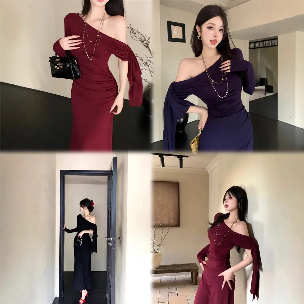 Elegant Long Sleeve Wrap Dress Women's Spring Autumn Wine Red Sash Shoulder Long Dress Sexy Pure Desire Asymmetrical Waist
