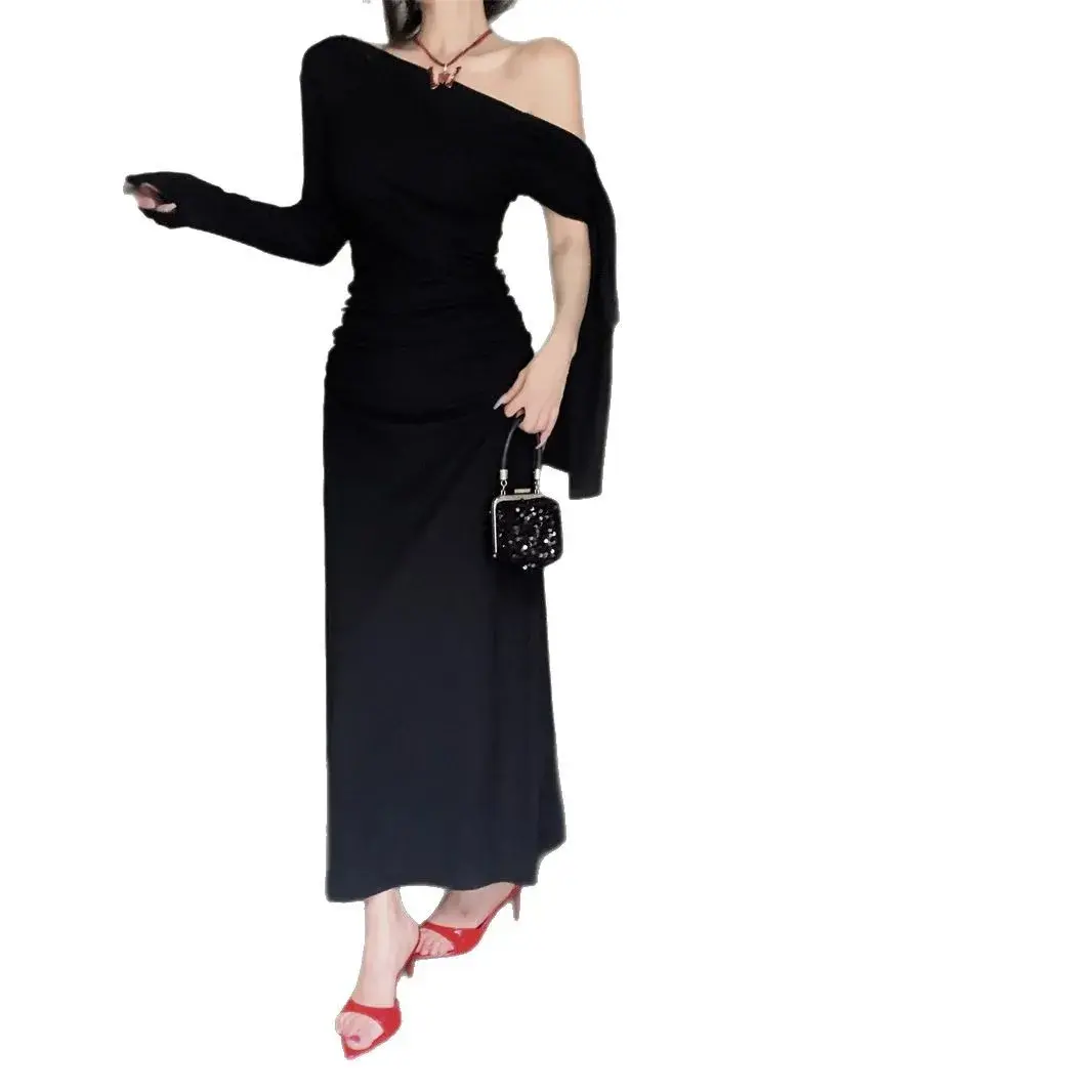 Elegant Long Sleeve Wrap Dress Women's Spring Autumn Wine Red Sash Shoulder Long Dress Sexy Pure Desire Asymmetrical Waist