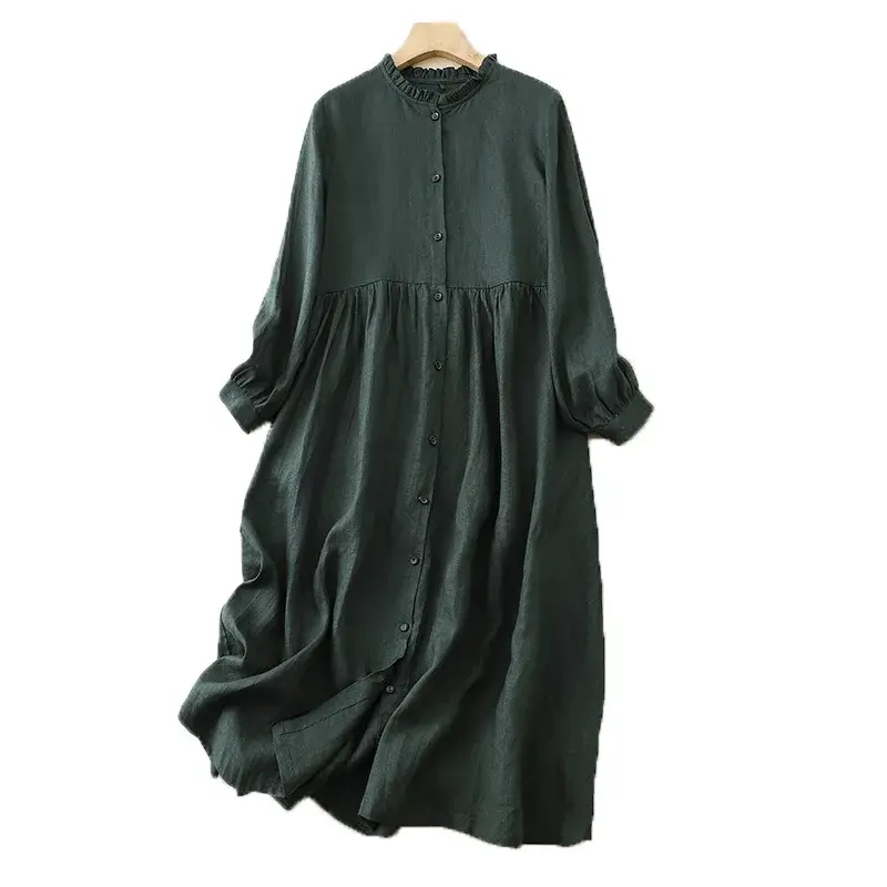 New Washable Linen Loose Cuff Sleeve Long Dress Coat Robe Open Cardigan Women's Clothing Artistic Style Middle Length Outerwear