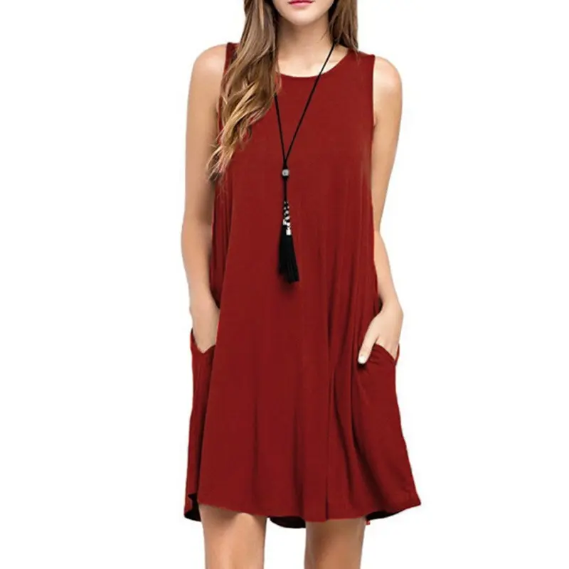 Women Dress Summer Casual Sleeveless T Shirt Dresses Beach Cover Up Plain Pleated Tank Pockets Dress Vacation Style