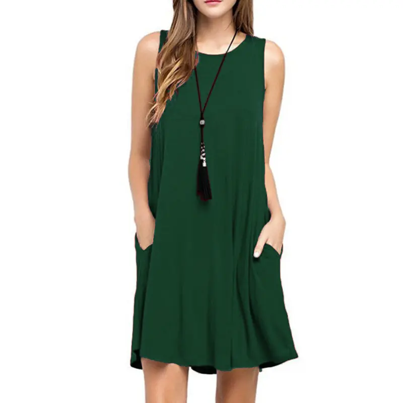 Women Dress Summer Casual Sleeveless T Shirt Dresses Beach Cover Up Plain Pleated Tank Pockets Dress Vacation Style