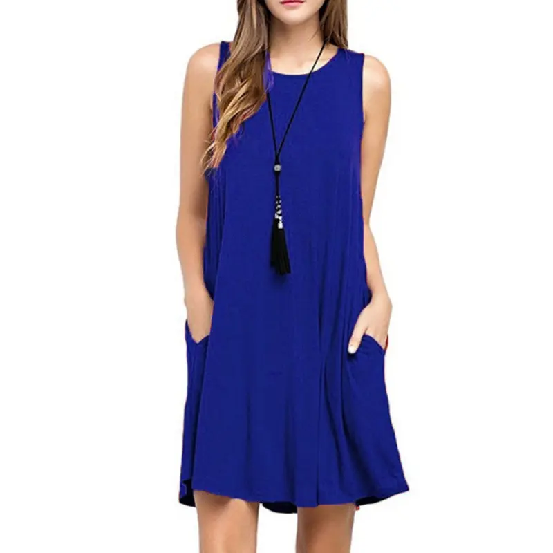 Women Dress Summer Casual Sleeveless T Shirt Dresses Beach Cover Up Plain Pleated Tank Pockets Dress Vacation Style
