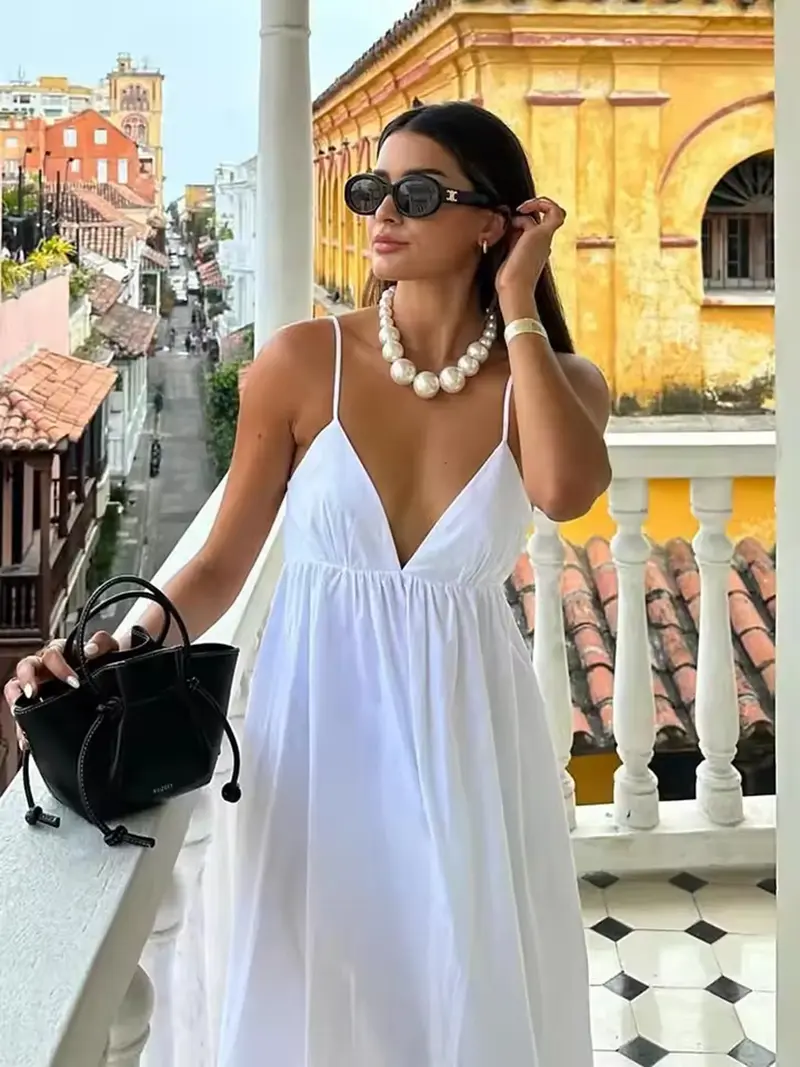 VEITCHE Summer Sexy Backless Women Long Dress V Neck Solid High Waisted Loose Fitting A-line White Dresses Beach Vocation Outfit