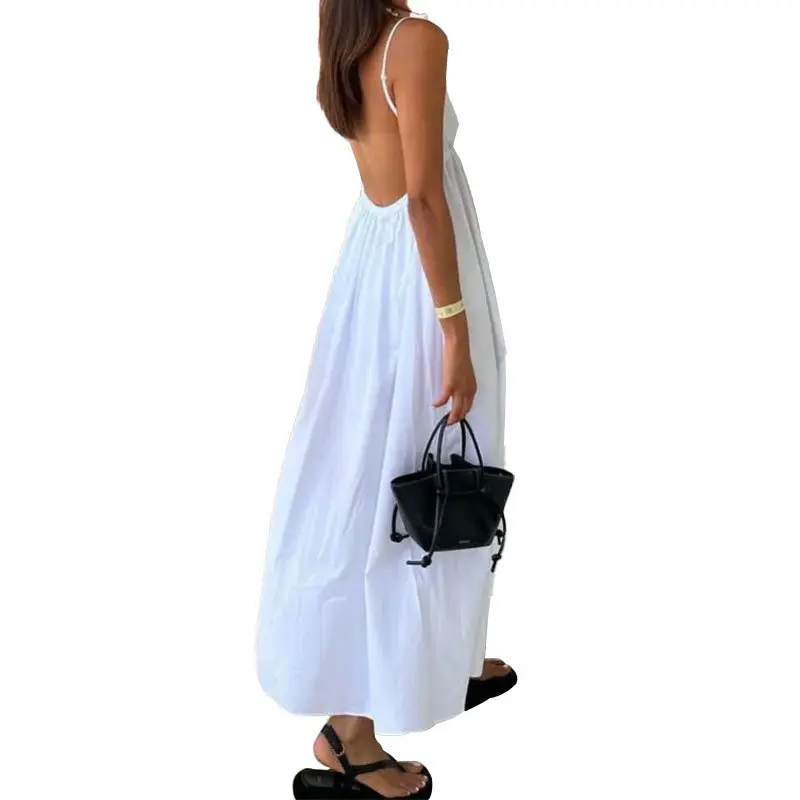 VEITCHE Summer Sexy Backless Women Long Dress V Neck Solid High Waisted Loose Fitting A-line White Dresses Beach Vocation Outfit