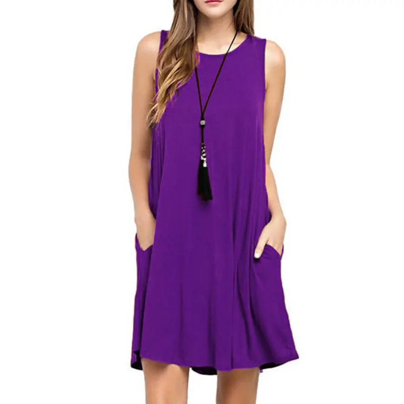 Women Dress Summer Casual Sleeveless T Shirt Dresses Beach Cover Up Plain Pleated Tank Pockets Dress Vacation Style
