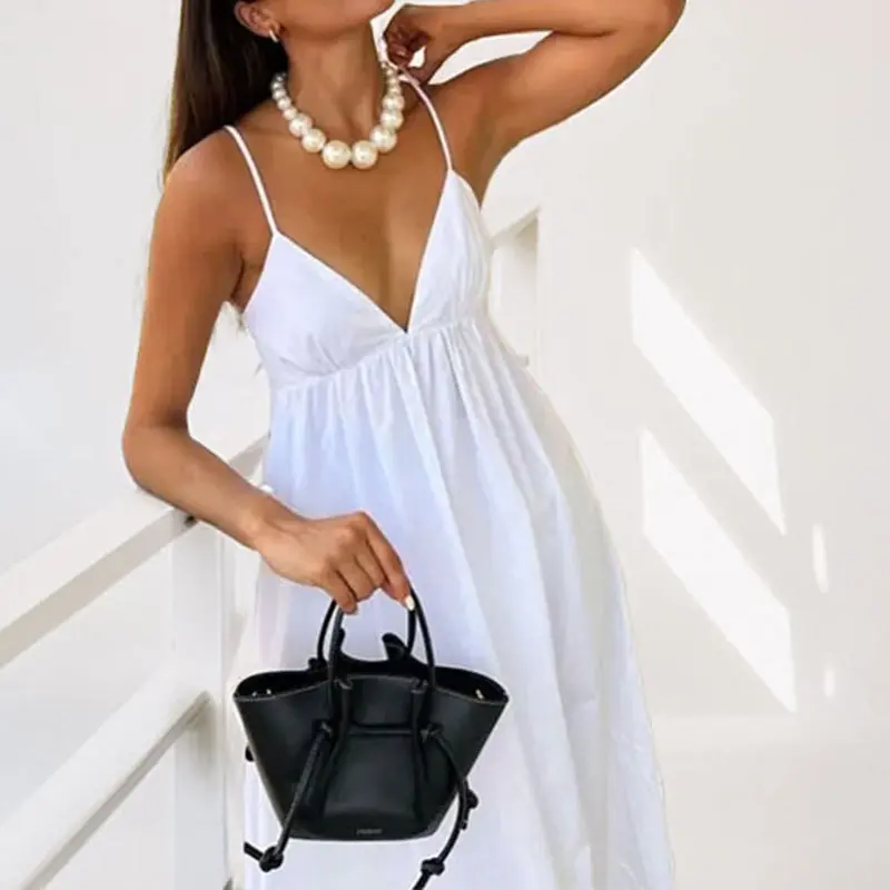 VEITCHE Summer Sexy Backless Women Long Dress V Neck Solid High Waisted Loose Fitting A-line White Dresses Beach Vocation Outfit
