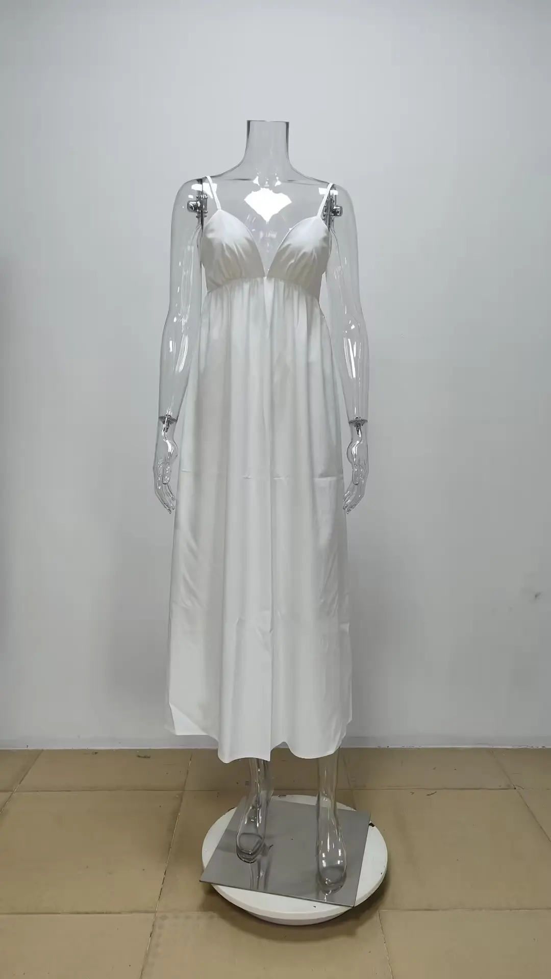 VEITCHE Summer Sexy Backless Women Long Dress V Neck Solid High Waisted Loose Fitting A-line White Dresses Beach Vocation Outfit